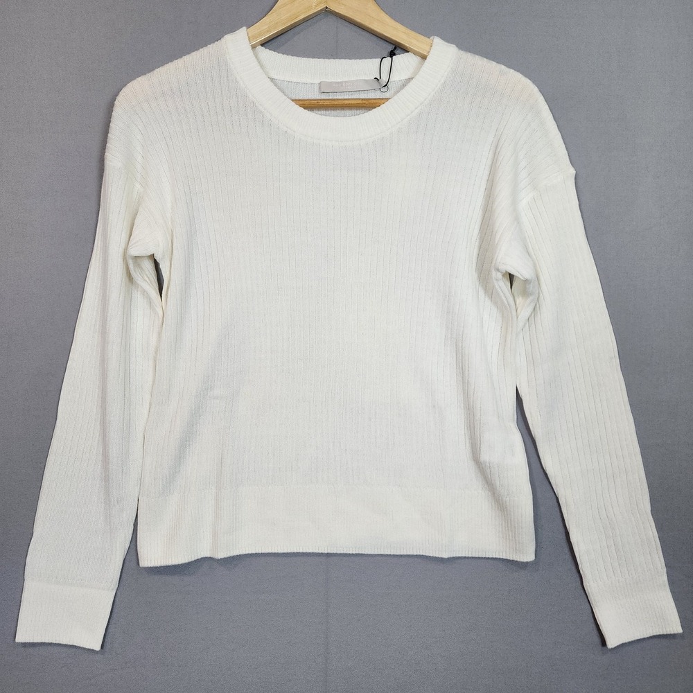 One Grey Day Sweater White Ribbed Merino Wool Blend Crew Neck Womens Size Small